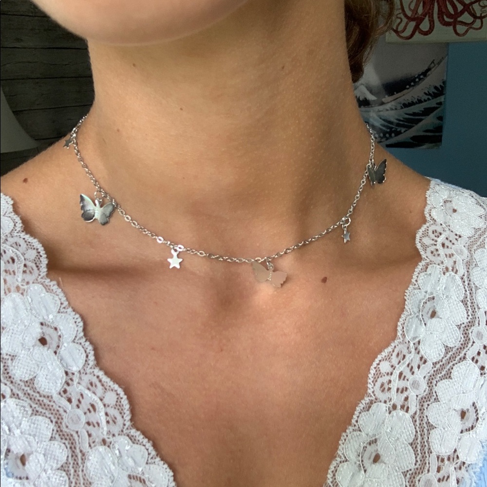 silver Star and butterfly dainty necklace